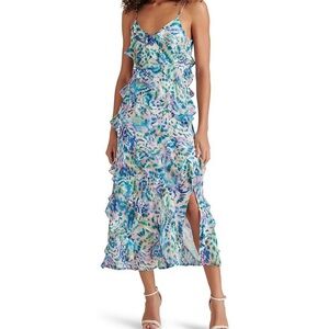 Steve Madden Floral Print V-Neck Sleeveless Asymmetrical Ruffle Slip Midi Dress